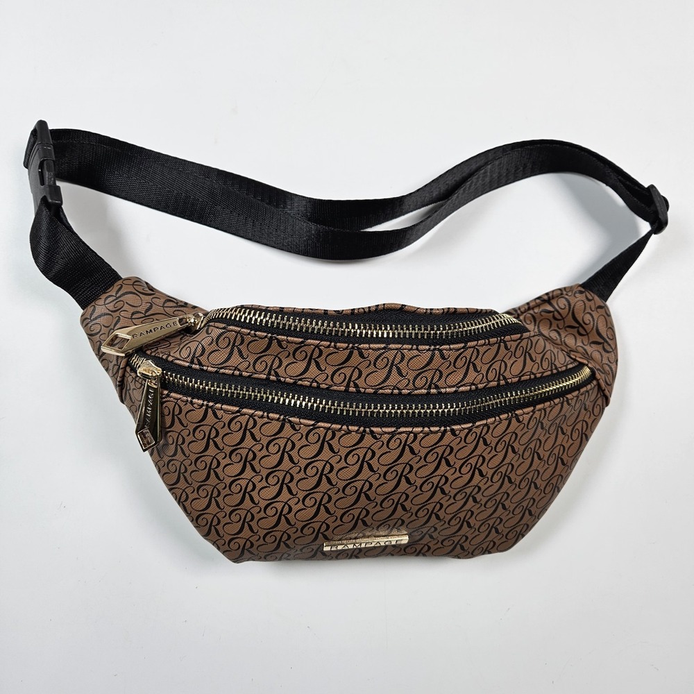 Rampage Fanny Pack Brown Monogram Logo Waist bum Bag Crossbody Gold Hardware